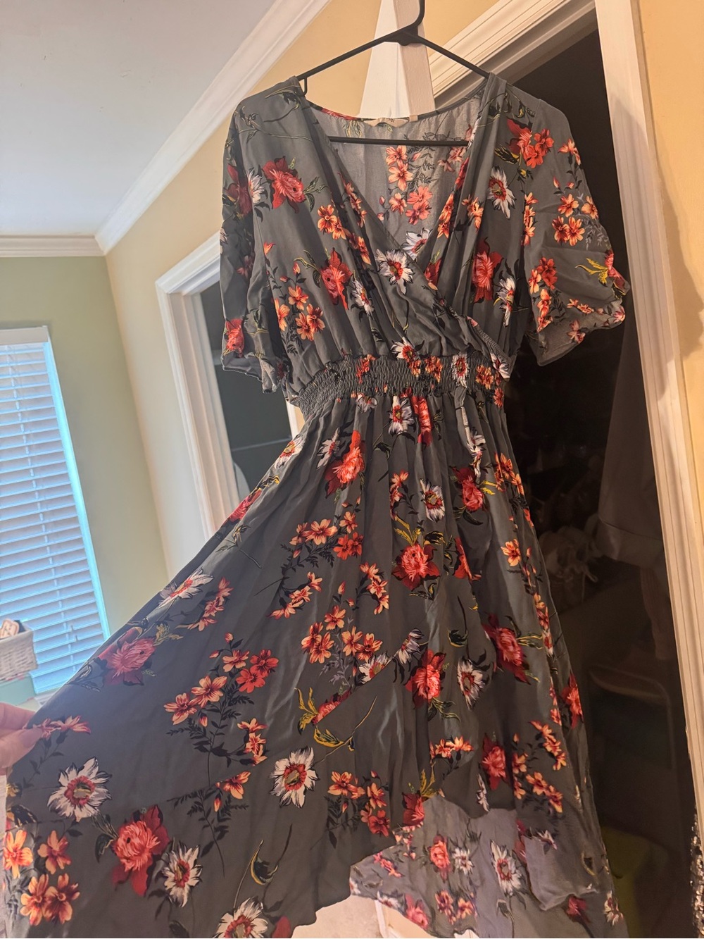 Gray Floral High-Low Dress with V-Neck